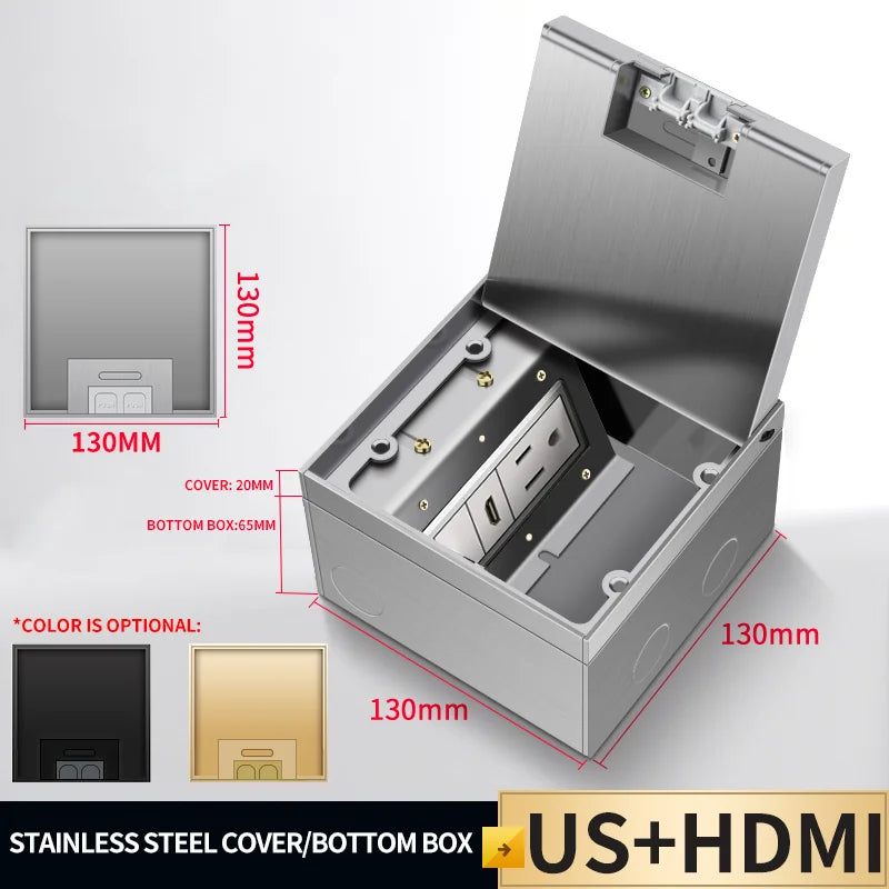 Recessed stainless steel floor socket box with open cover, showing HDMI port