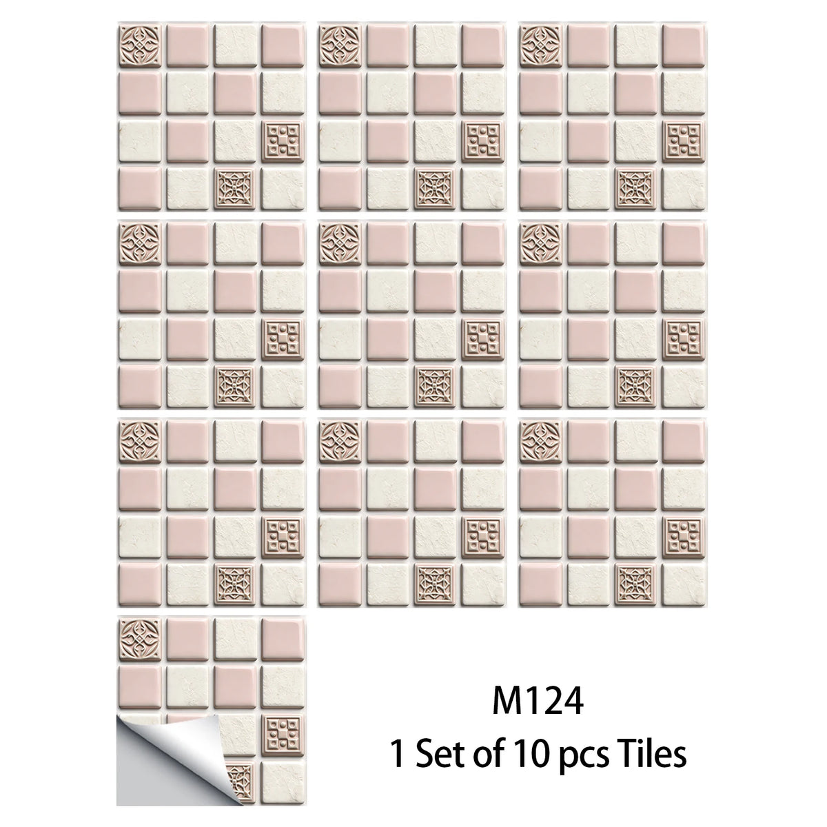 Mosaic tile wall decal set, pink and beige blocks with embossed medallion square insets