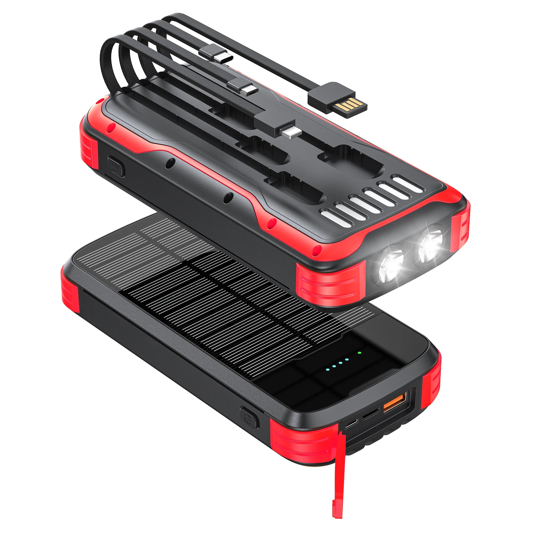40000mAh Solar Power Bank with 4 Built-in Cables - PD 20W Fast Charger Red 40000mAh Tidesmit