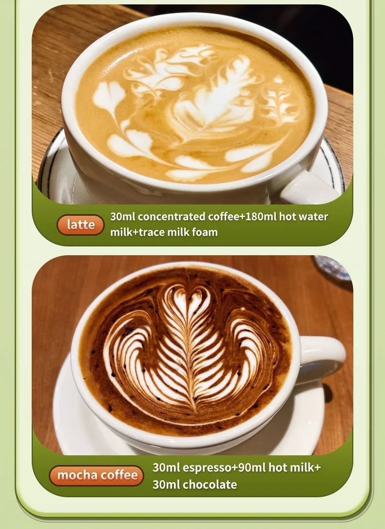 Two white ceramic cups showing latte and mocha coffee recipes with detailed latte art patterns.