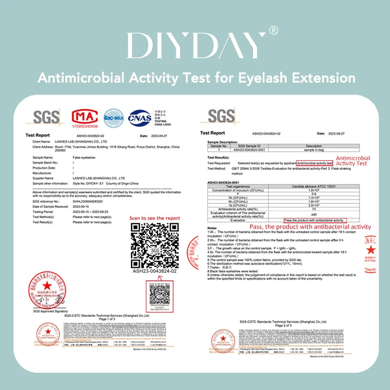 DIYDAY eyelash extension SGS antimicrobial activity test report showing laboratory results and certification stamps.
