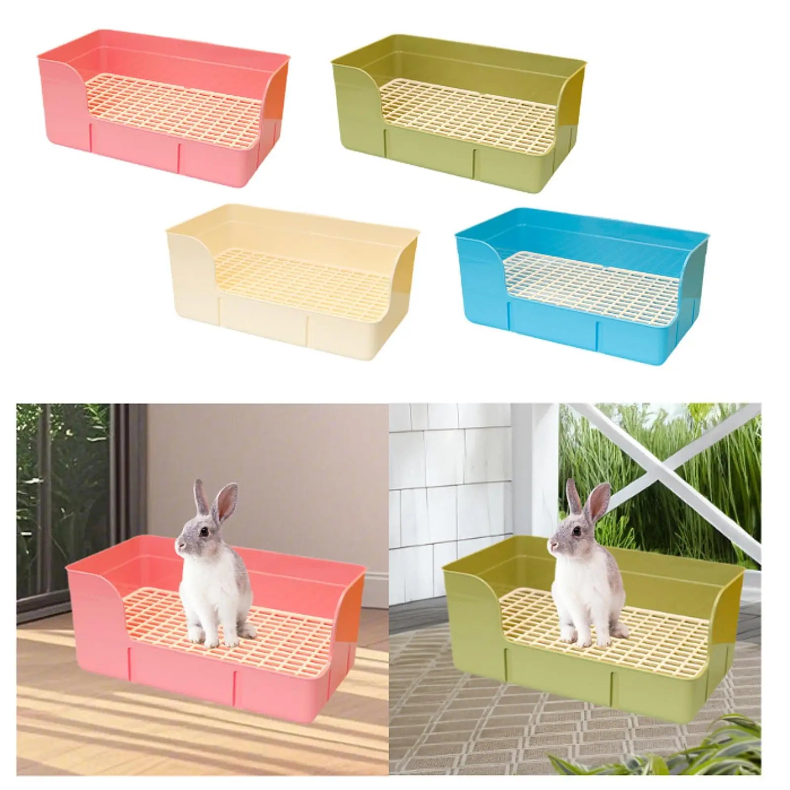 Colorful plastic rabbit litter box and urinal tray with mesh grate for easy cleaning of small pets like hamsters.