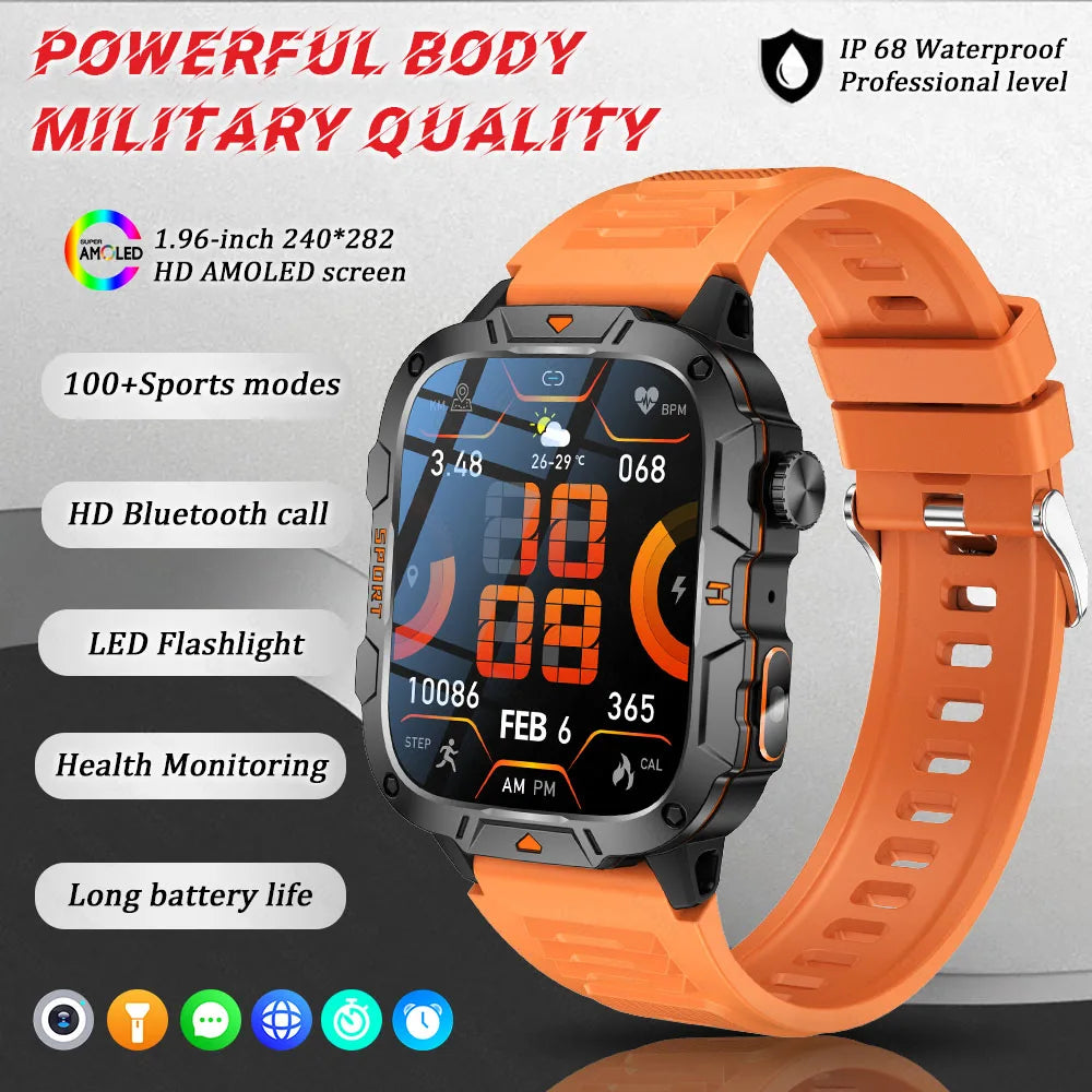 Orange silicone-banded smart watch with orange digits on AMOLED screen