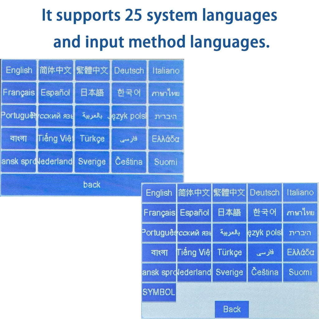 Handheld inkjet printer screen showing multiple system language options grid