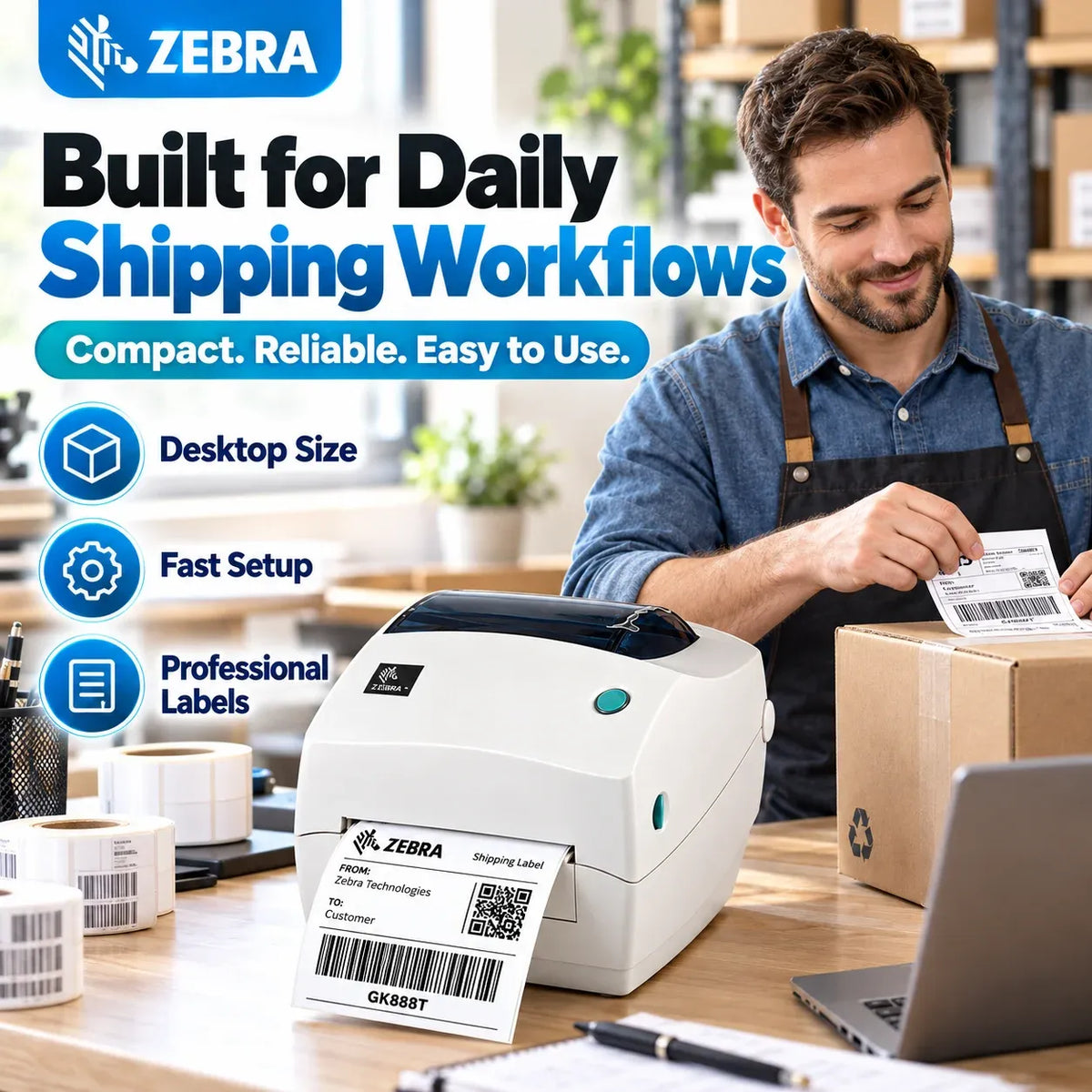 Compact desktop label printer printing a shipping label on a package box