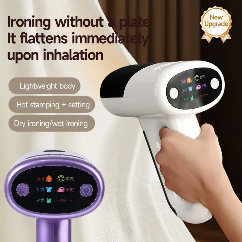 Handheld garment steamer with digital display and lightweight body, ideal for wet and dry ironing curtains and clothes.