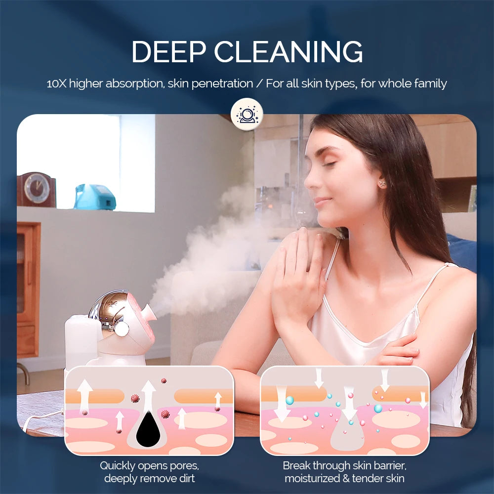 Nano facial steamer with red light therapy emitting warm mist for deep pore cleaning and skin hydration at home.
