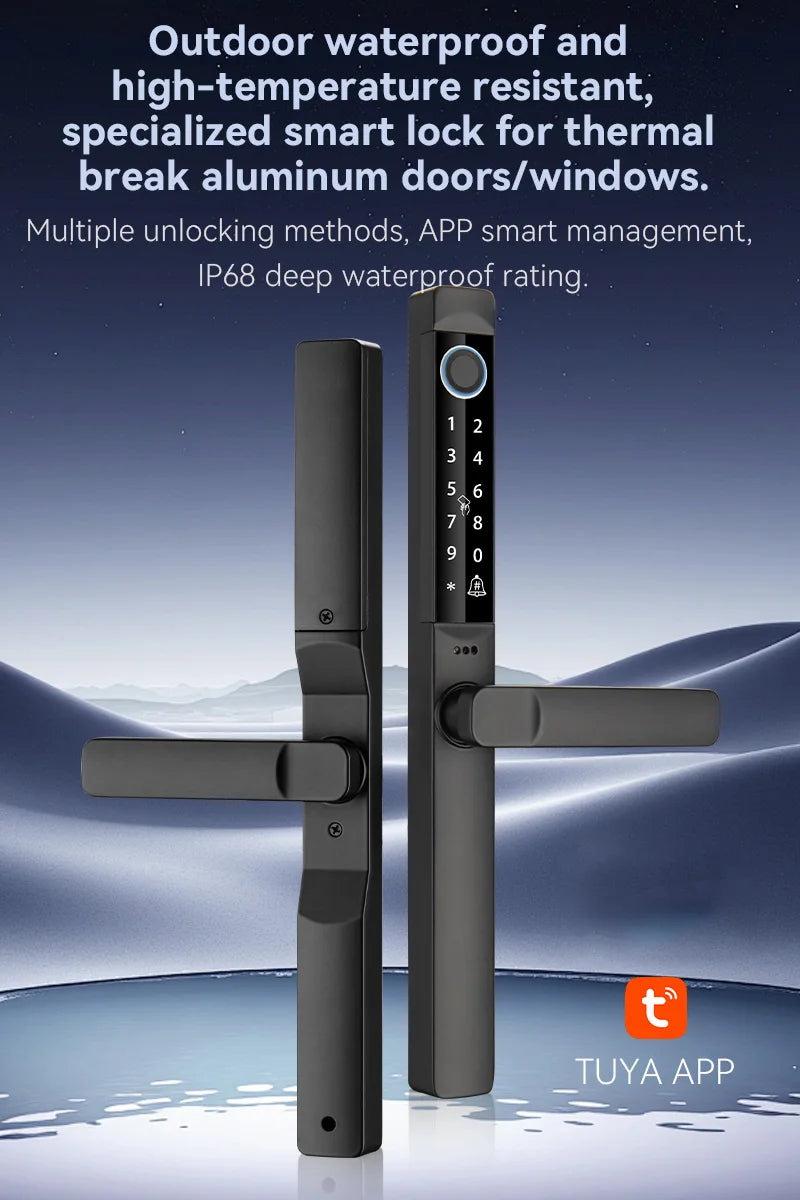 Tuya App Smart Door Lock Waterproof Fingerprint Password Card Bridge-Cut For Outdoor Pull Push Sliding Grille Door