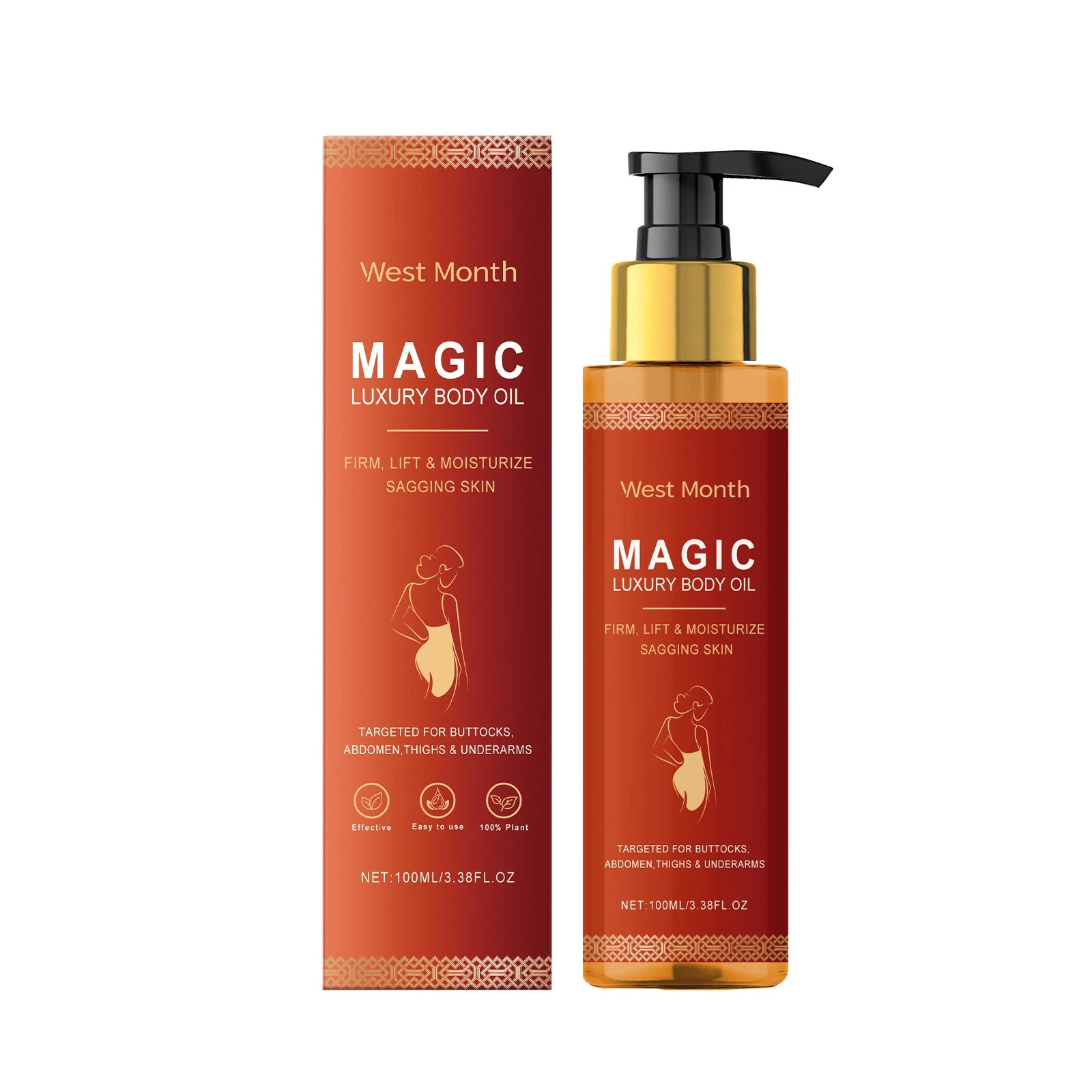 Luxury body oil pump bottle with “Magic” design and matching carton
