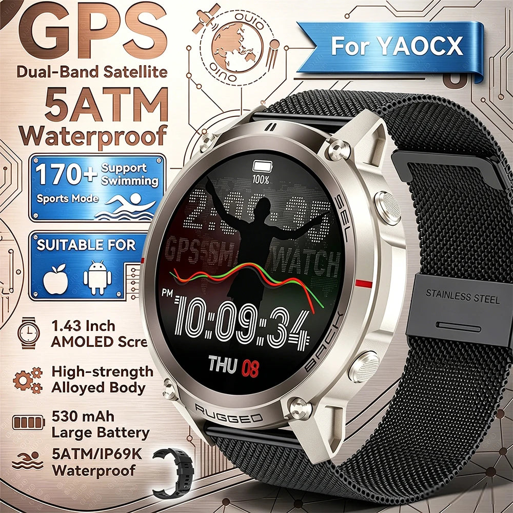 2026 New Outdoor GPS Smart Watch Map Compass Navigation 5ATM Waterproof Bluetooth Call 100+Sport Mode Men AMOLED HD Smart Watch