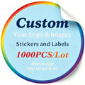 Round custom logo sticker label, blue background with “Custom” text and “1000PCS/Lot”.