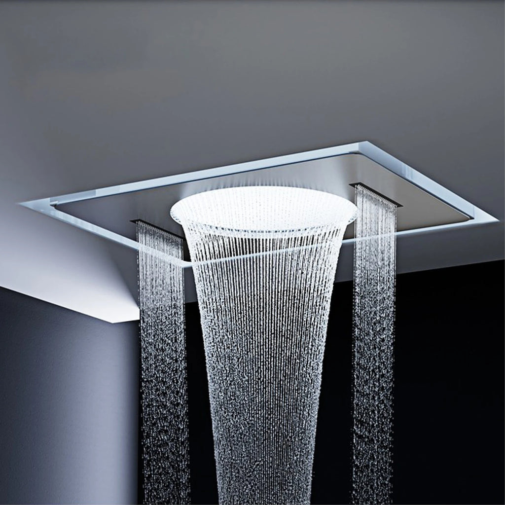 Gunmetal Gray Ceiling Mounted 4-Function Waterfall Shower System with Embedded Brass Thermostatic LED Display Body for Bathroom