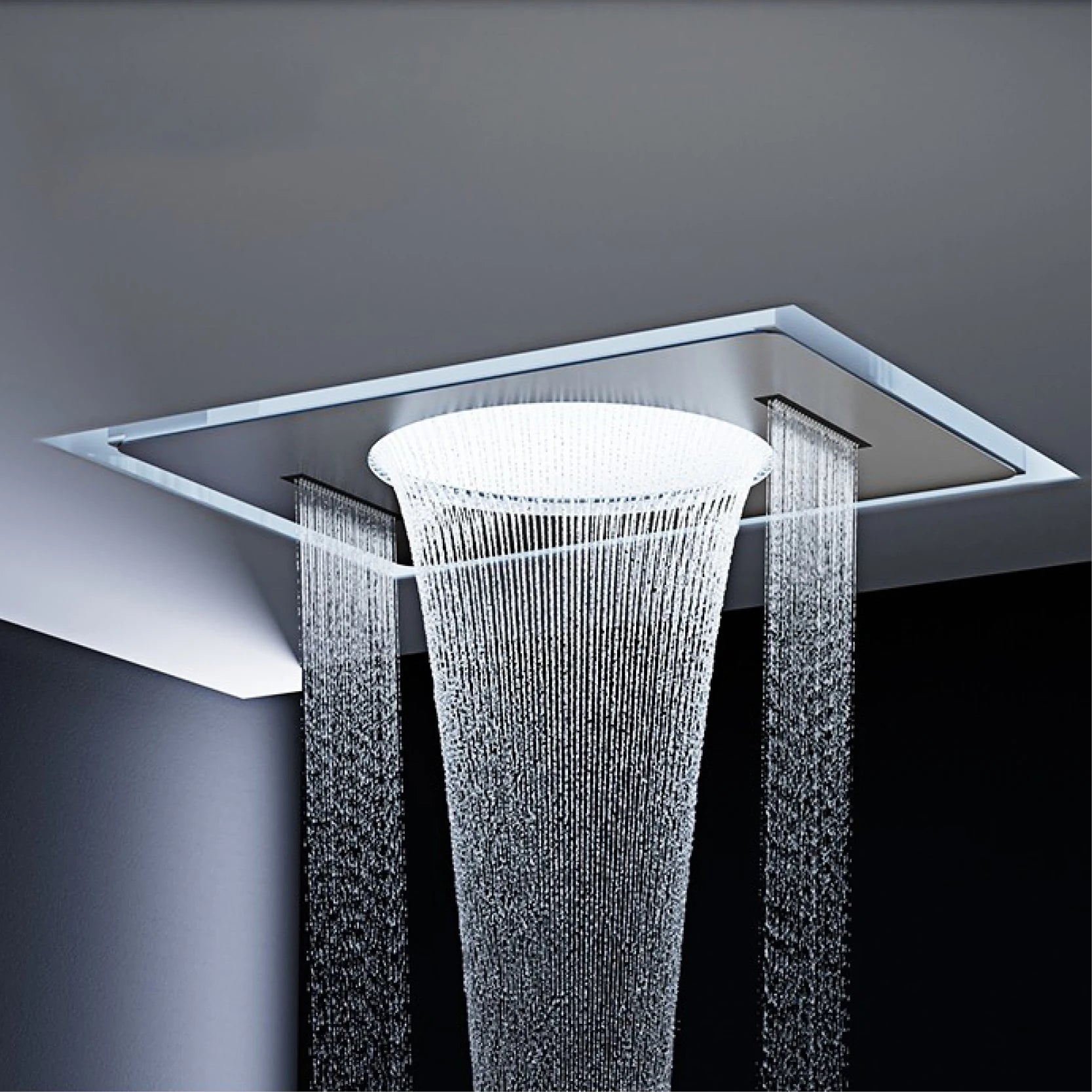 Gunmetal Gray Ceiling Mounted 4-Function Waterfall Shower System with Embedded Brass Thermostatic LED Display Body for Bathroom