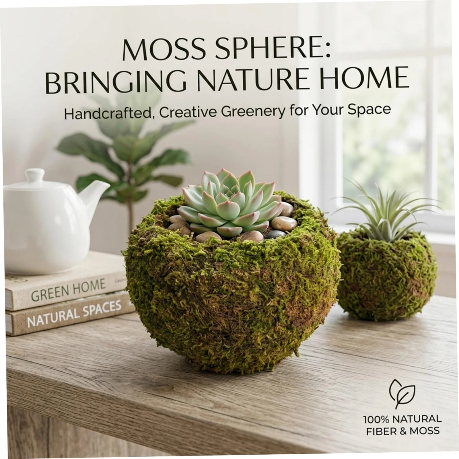 Handmade green moss ball planter with faux succulent on top, cube-shaped artificial moss.