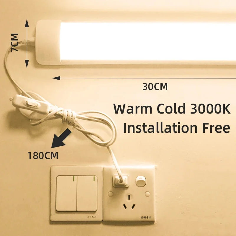 Ultra-thin LED tube wall light with 30cm bar and warm/cool 3000K glow, installation-ready