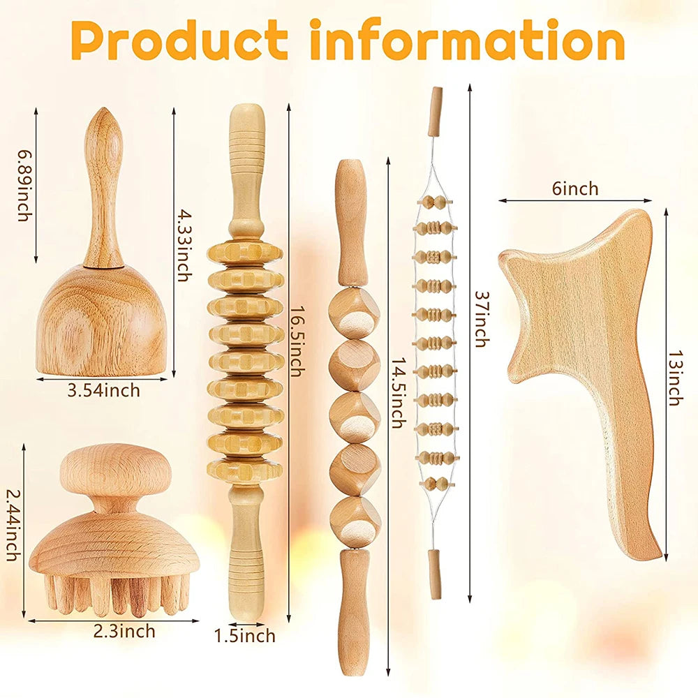 Wood Therapy Massage Tool - 6-Piece Lymphatic Drainage Recovery Set Fascia Gun Tidesmit