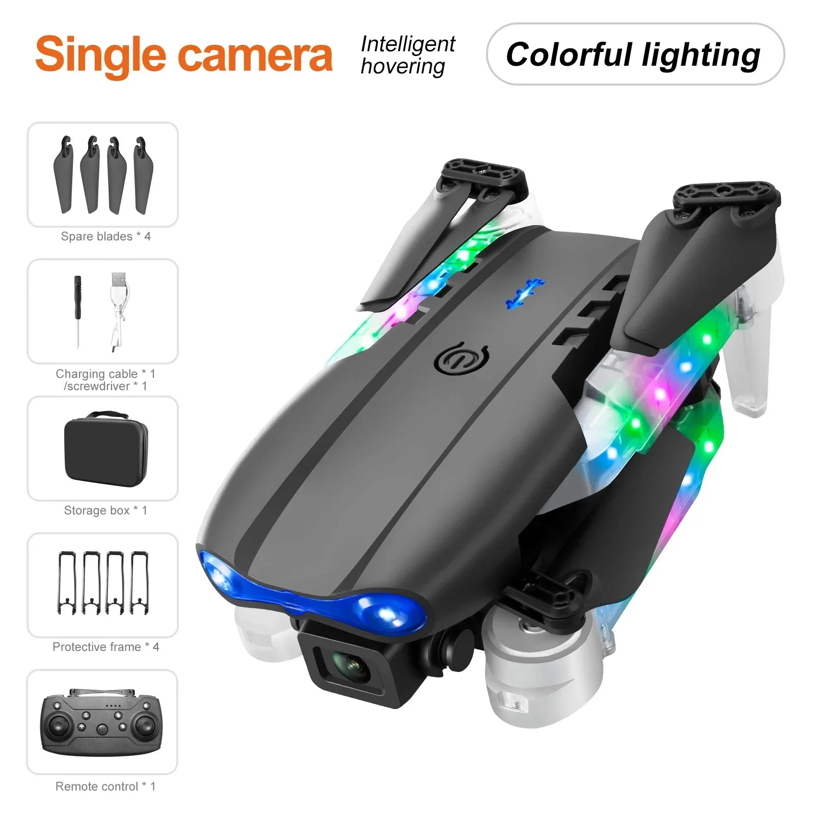 Black foldable drone with colorful LED lights, front camera, spare blades, protective frames, and a remote controller.