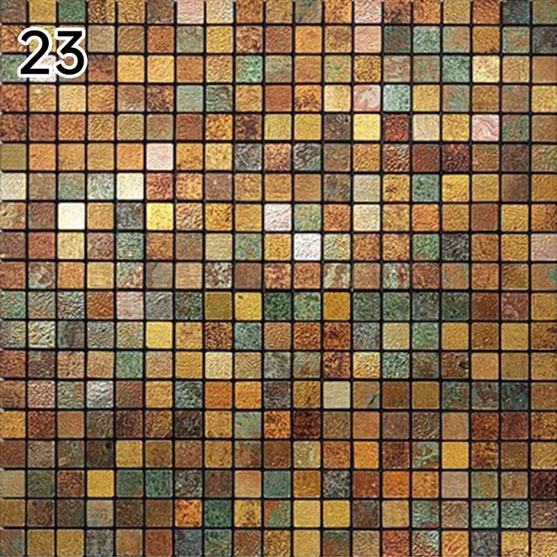 Self-adhesive mosaic wall decal with gold, brown, and green tile squares in a mosaic pattern