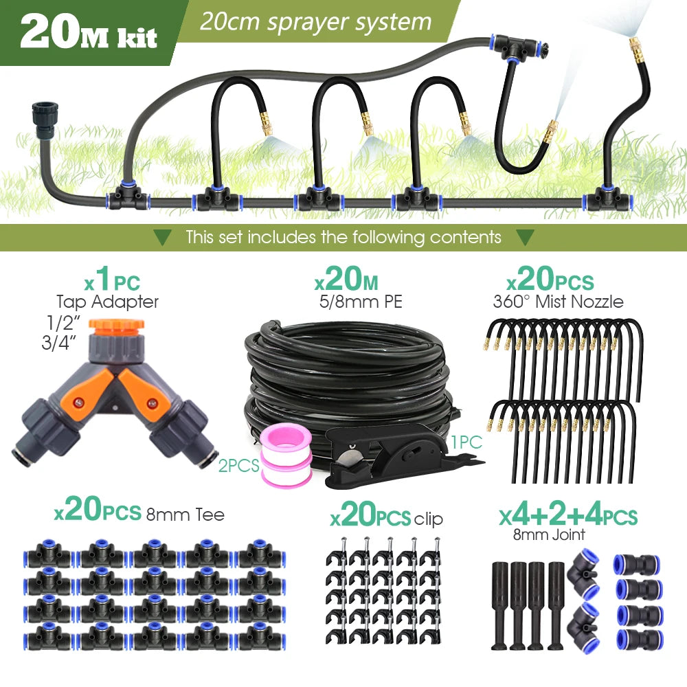 20M misting sprayer kit with black 8mm PE hose coil and 360° mist nozzles set