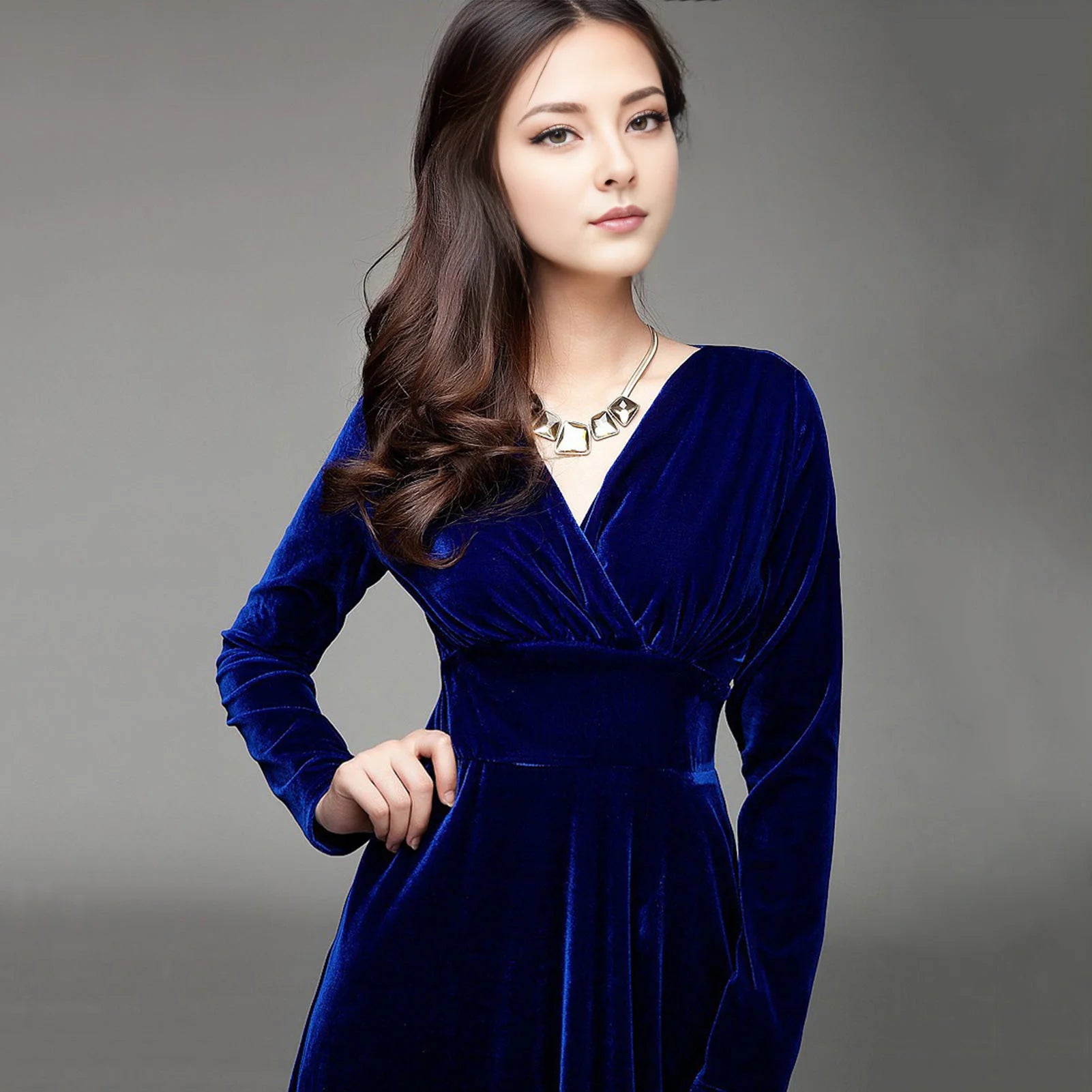 Vintage Women Autumn Long Sleeve V Neck Pleated Velvet Banquet Party Maxi Dress Party Wedding Elegant Evening dress 