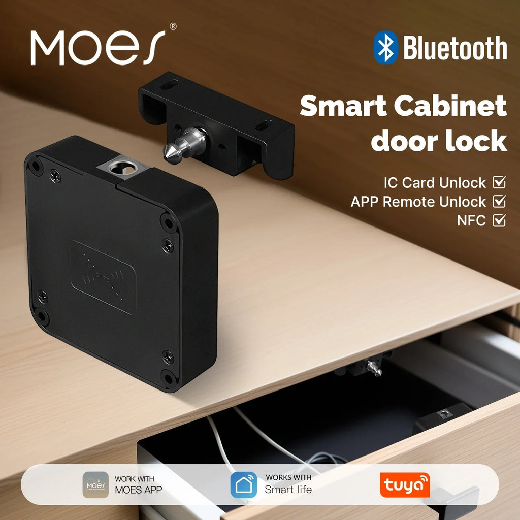MOES Smart Bluetooth Drawer Lock Tuya App Remote Control Keyless IC Card Hidden Security Furniture Lock for Wood Cabinet Locker