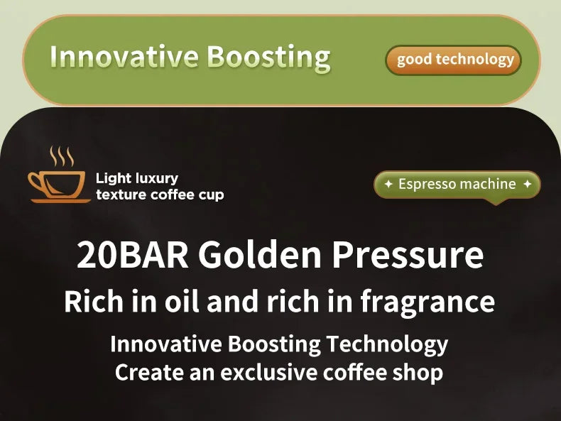 20-bar espresso machine with innovative boosting technology for rich, fragrant coffee at home.