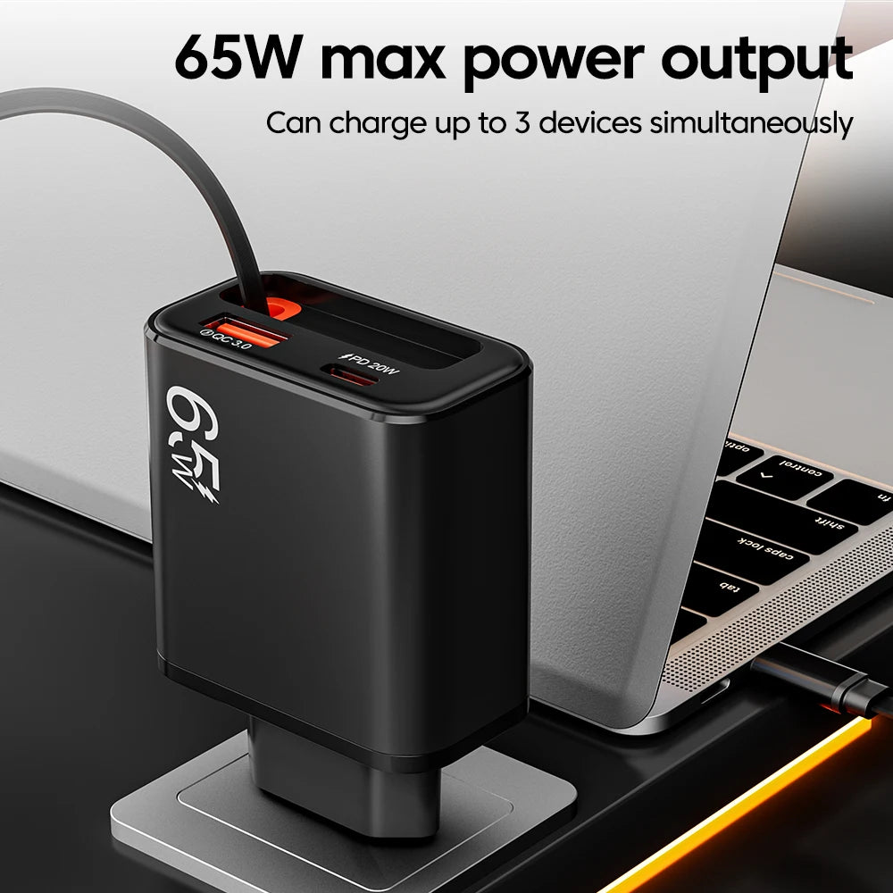 65W USB C Fast Charger with Retractable Cable - Tidesmit Tidesmit
