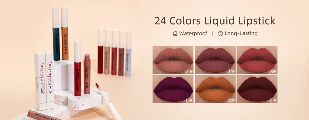 Set of 24 waterproof matte liquid lipsticks featuring a range of long-lasting, highly pigmented lip makeup shades.