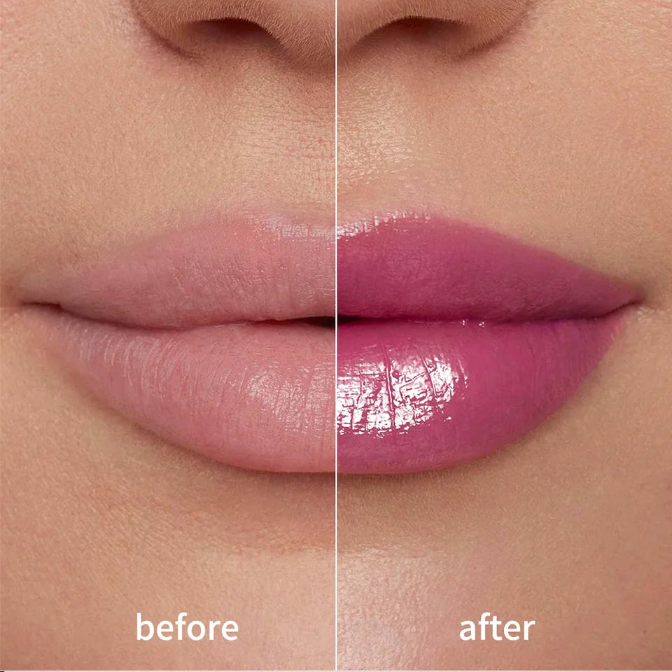Lakerain Kulfée moisturizing lip oil: before and after applying smooth, non-sticky, high-shine pink lip gloss.