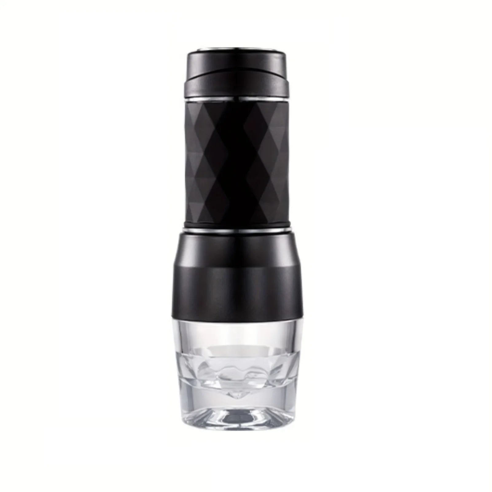 Portable black diamond-textured manual espresso coffee maker with a clear glass base.
