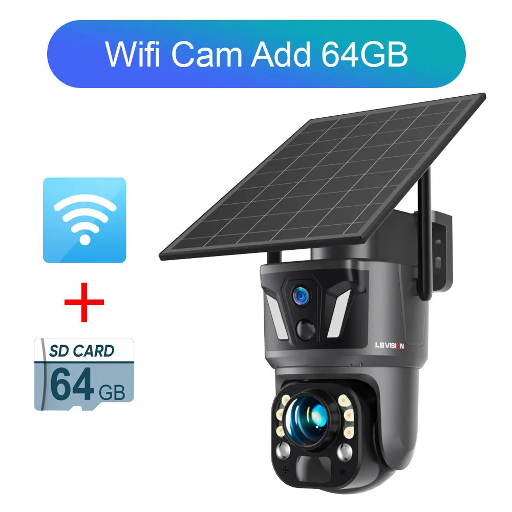 Solar PTZ security camera with WiFi, dark housing, solar panel, SD card 64GB