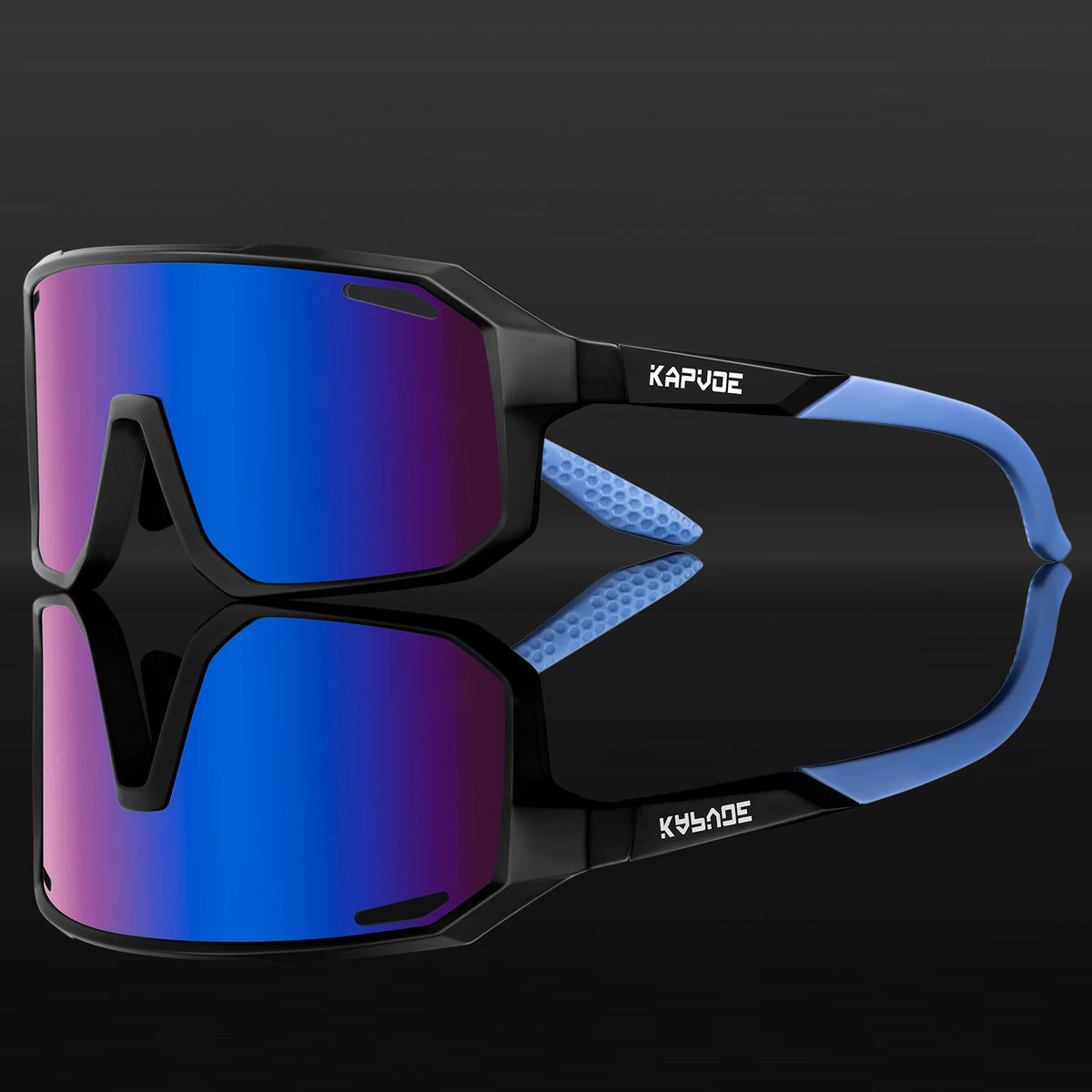 Kids polarized sport sunglasses with dark frame and blue-to-purple mirrored lenses.