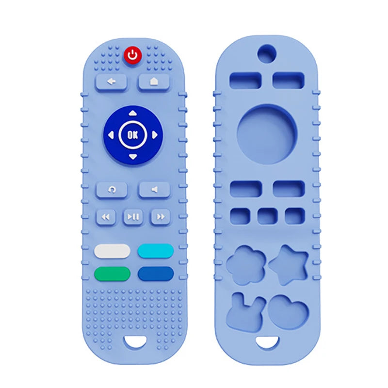 Blue remote-shaped silicone teething toy for baby teething relief.
