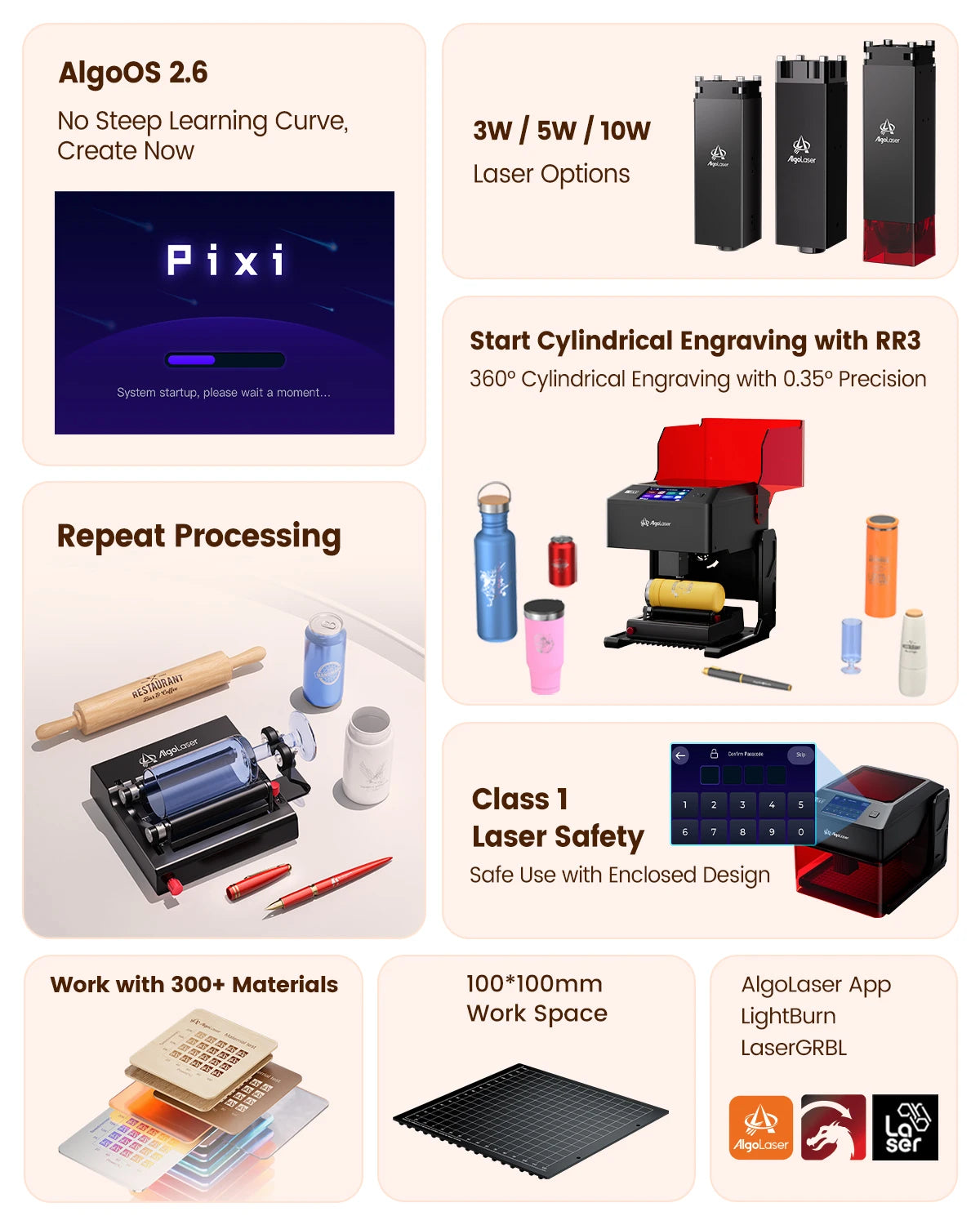 AlgoLaser 3W 5W 10W Portable Desktop DIY Woodworking Tools Laser Engraver Cutter Machine 3.5"Touchscreen Handwriting/Draw Portable For DIY Gift Making 100x100mm Work Area Plug & Play Design