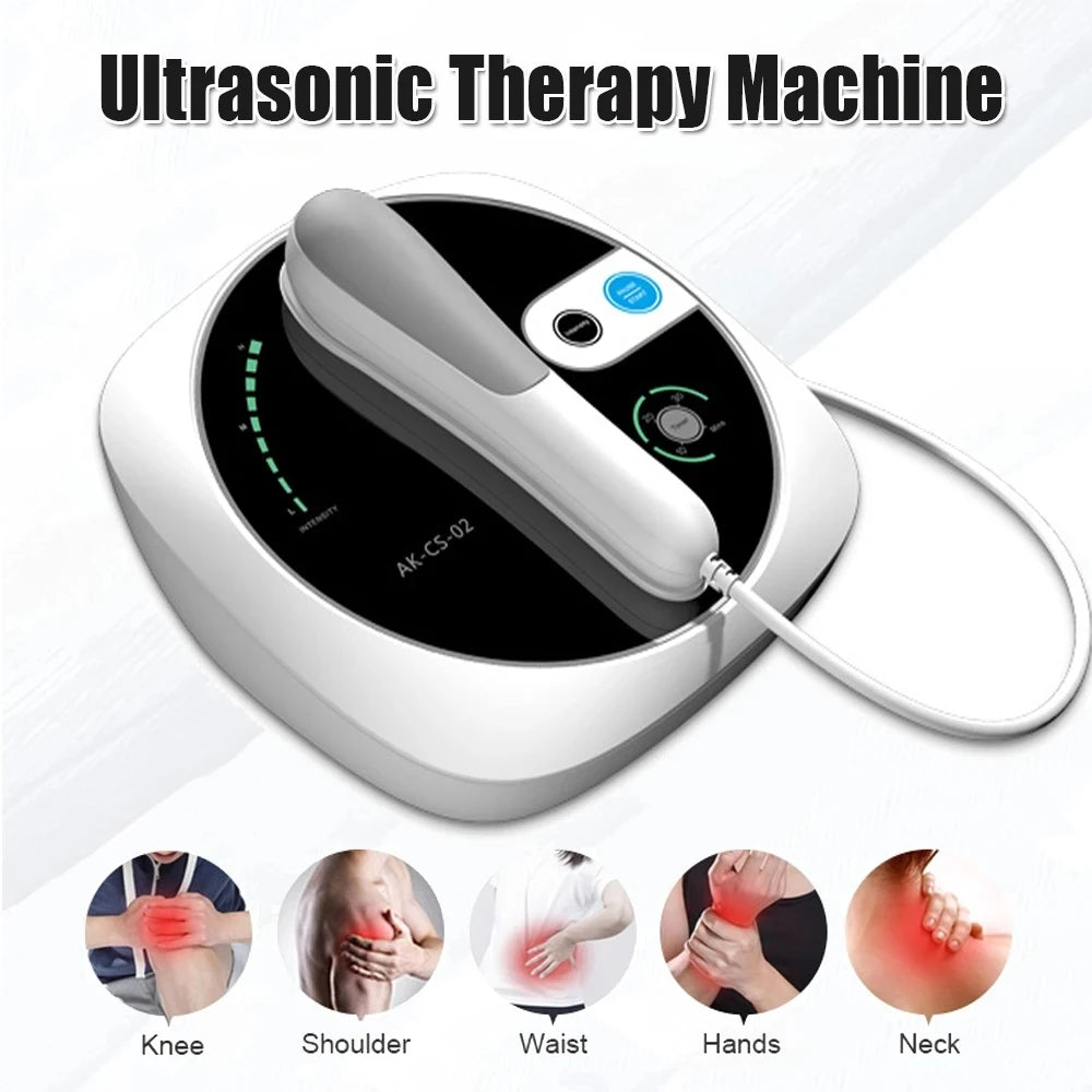 Portable 1MHz ultrasonic physiotherapy machine for muscle and joint pain relief with handheld applicator and timer.