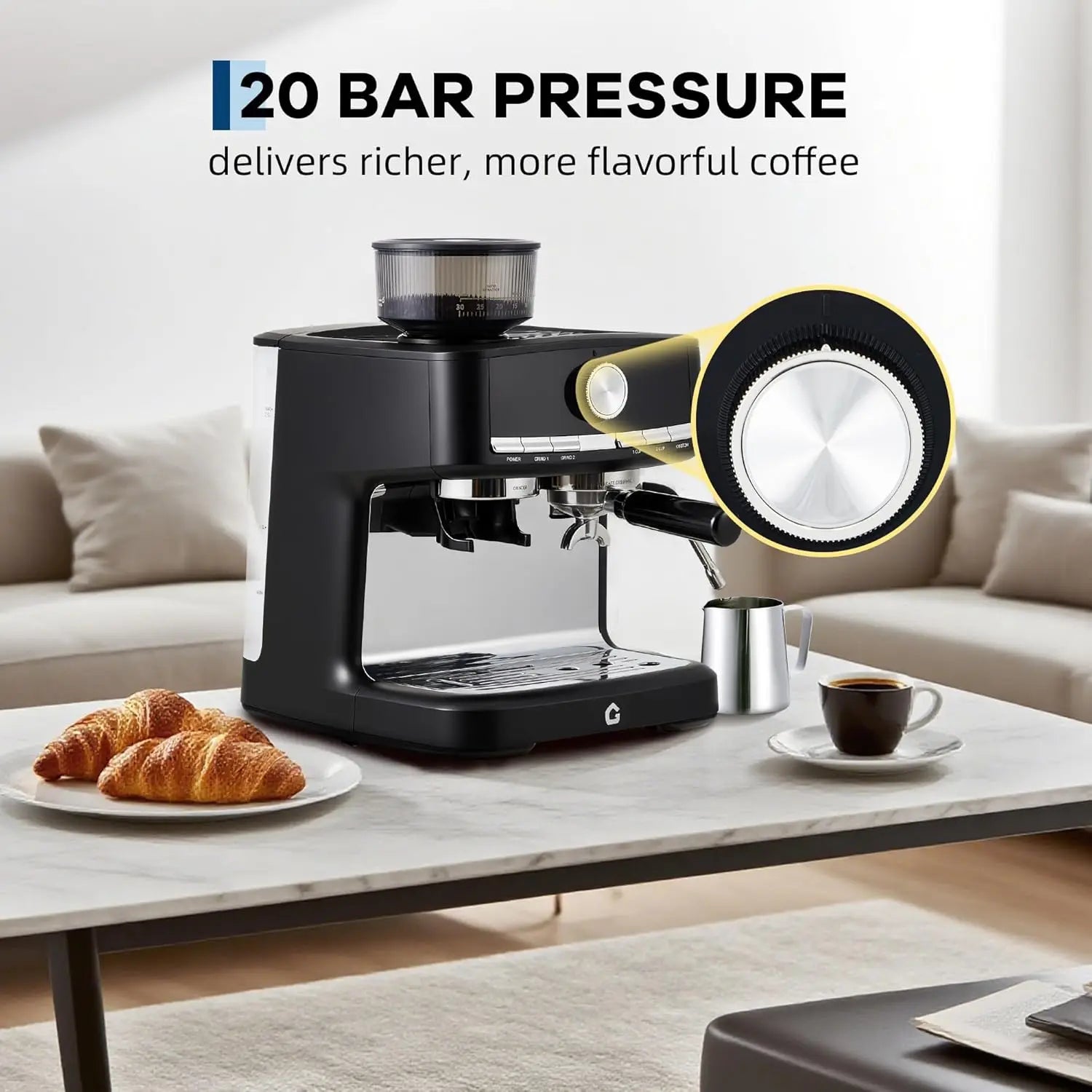 Black 20-bar espresso machine with integrated grinder and silver accents, showcasing precise coffee grind dial.