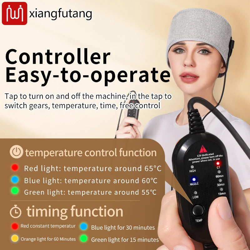 Grey heated headband massager for migraine relief with handheld controller featuring 3 heat modes and timer settings.