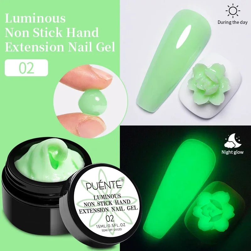 Light green, moldable luminous nail extension gel in a 15ml jar for sculpting nails that glow in the dark.
