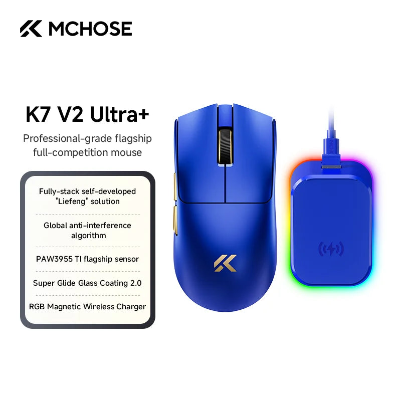 MCHOSE K7 V2 Ultra + Newly Upgraded Gaming Mouse PAW3955 TI 50000DPI 8K Lightweight Wireless Mice With Magnetic Charging Base