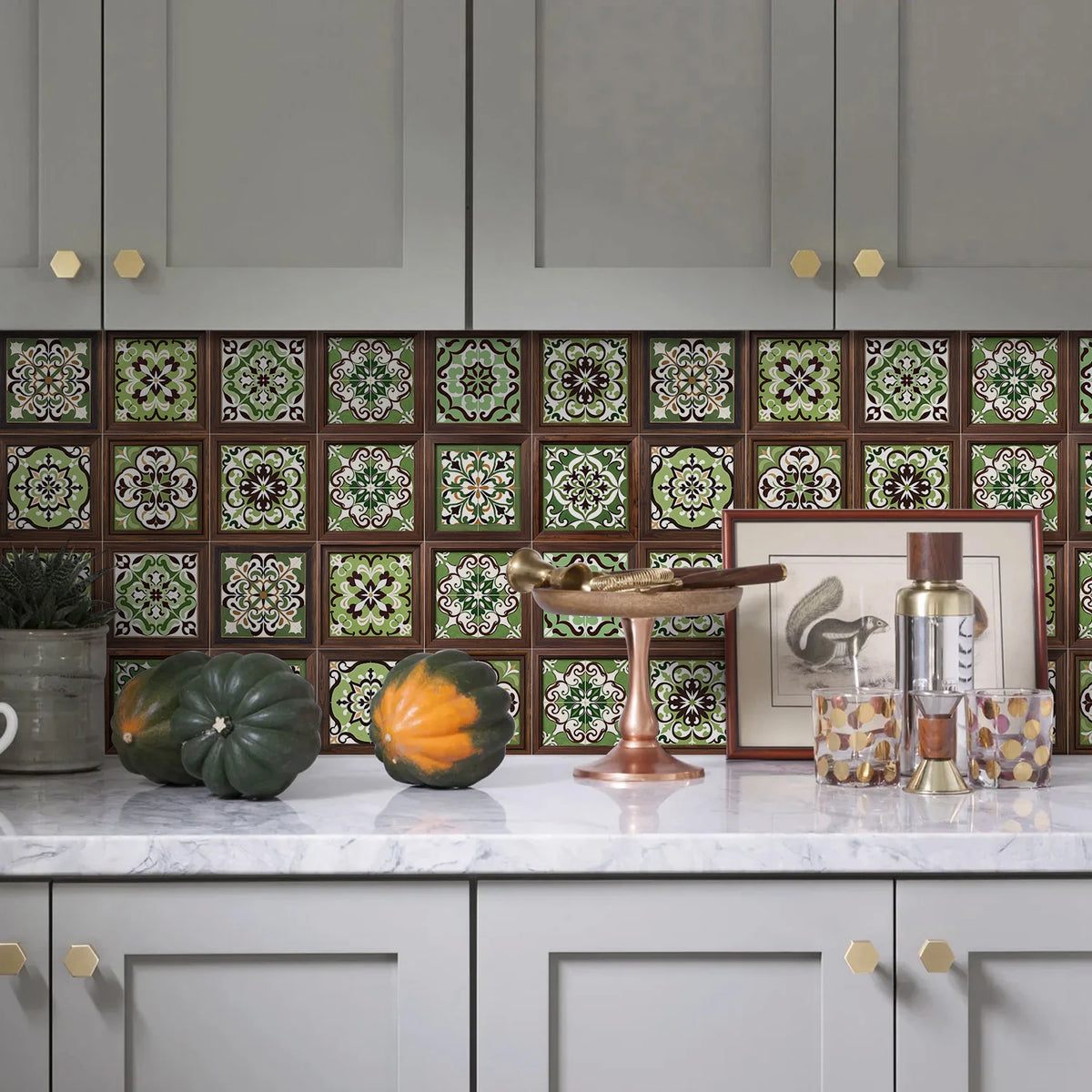 Green tile-pattern self-adhesive wallpaper with ornate floral mandala mosaic tiles