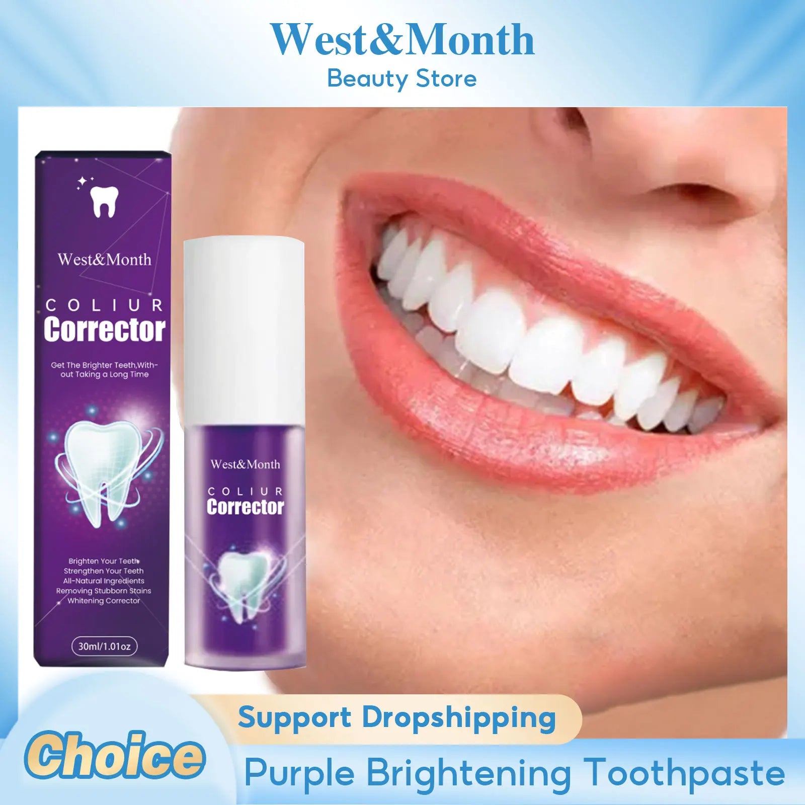 Tidesmit purple whitening toothpaste for color correcting, removing yellow stains, and brightening teeth.