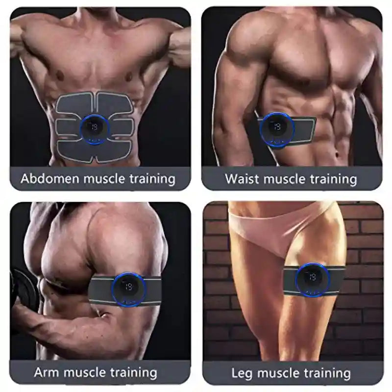 Four panels show black EMS muscle stimulators with blue circular digital displays on the abdomen, waist, arm, and leg.