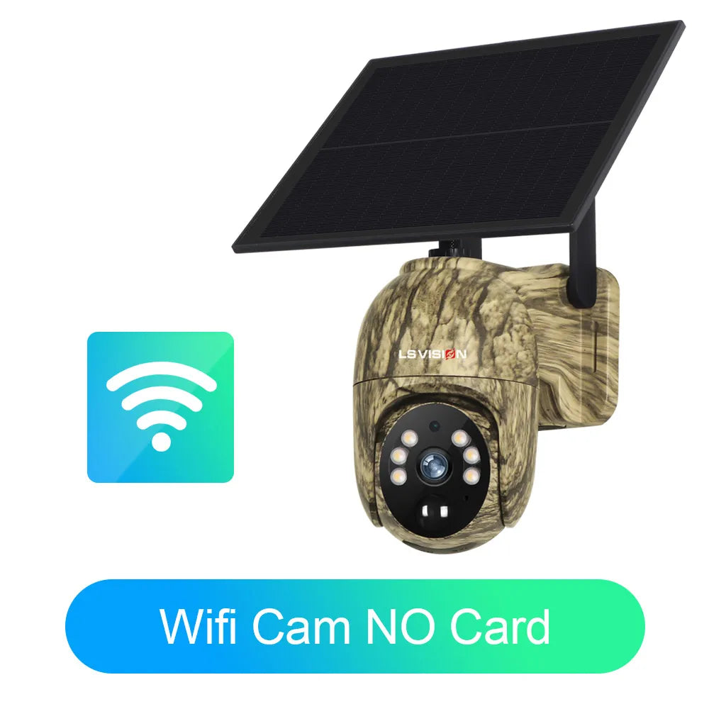 LS VISION camouflage solar security camera with WiFi icon and no SD card