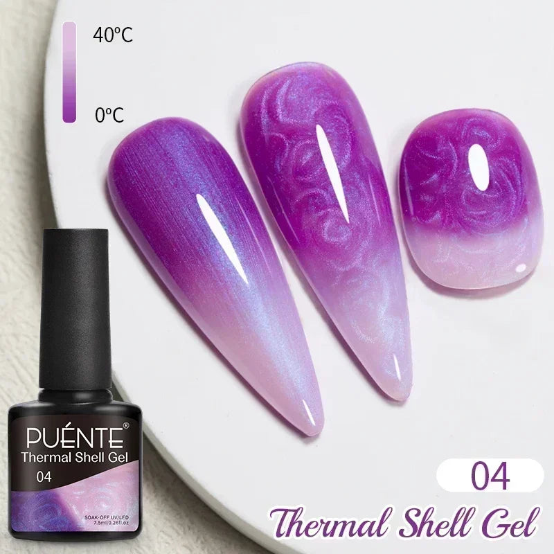 Thermal Shell Gel polish bottle and three nail tips showing a purple-to-white color-changing gradient effect.