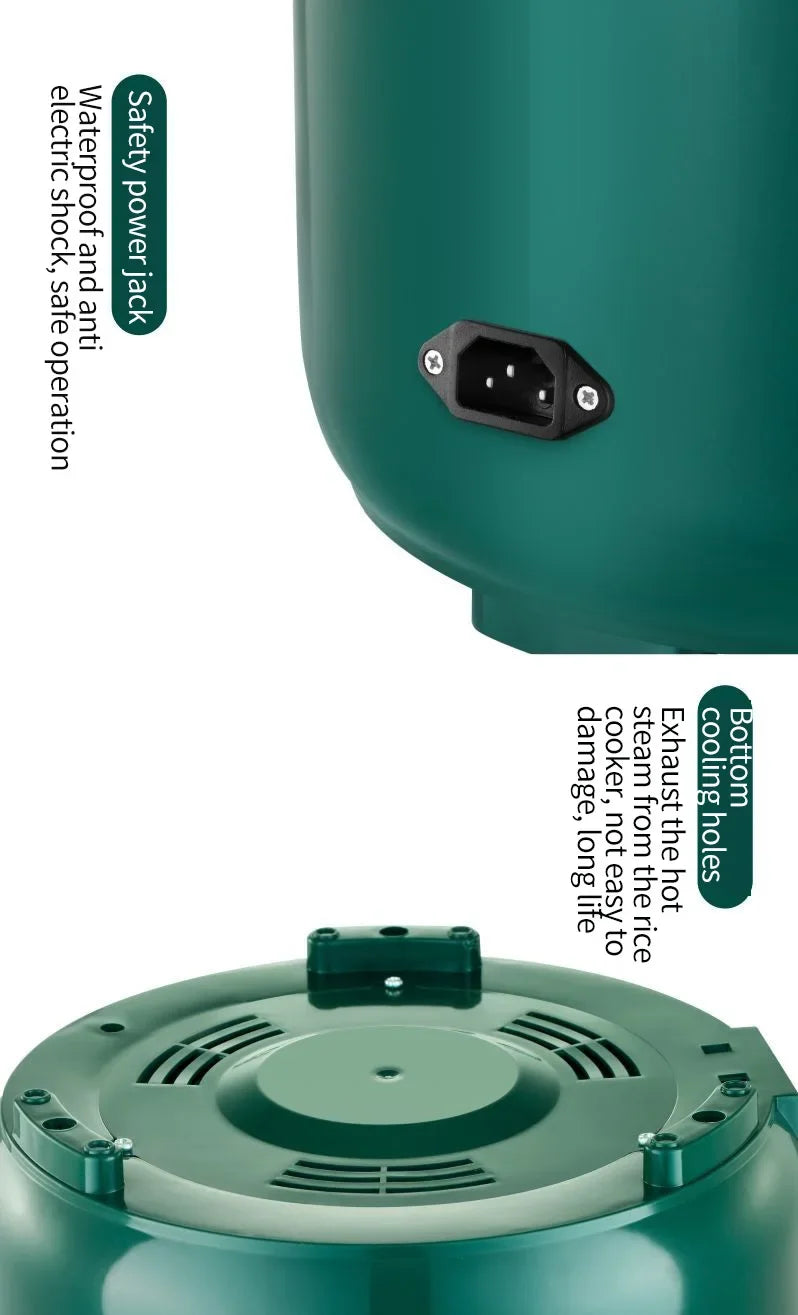 Rice cooker bottom with power inlet socket and air vent grille close-up