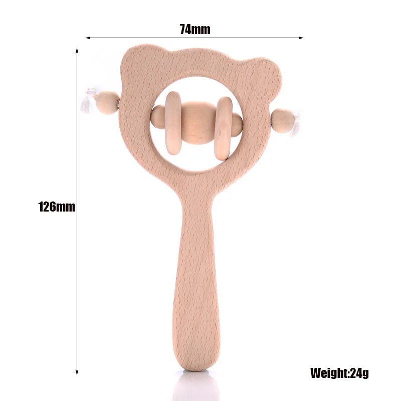 Natural wood bear teething toy for baby, light brown organic material for safe infant teething.