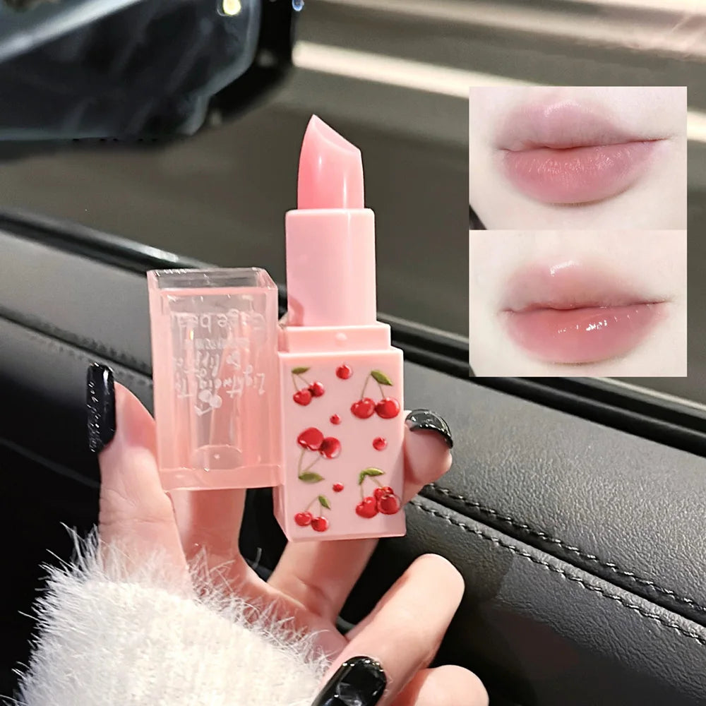Gege Bear moisturizing cherry lip balm with glossy, pink tint for tender, hydrating lip makeup.