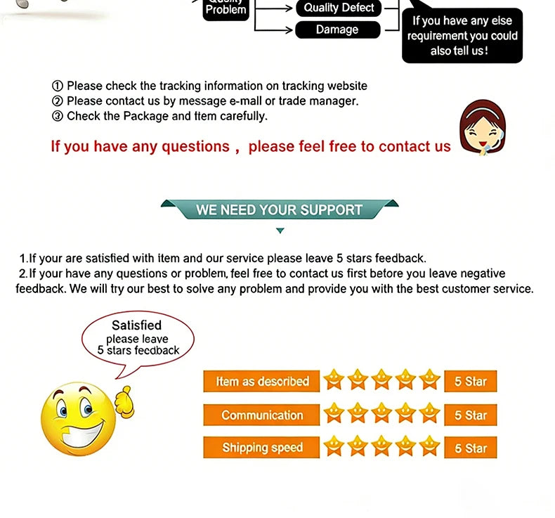 Customer service support banner for blackhead remover vacuum tool with 5-star feedback request and contact instructions.