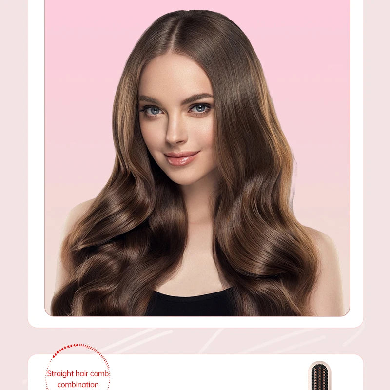 Woman with glossy brown waves styled by automatic negative ion curling iron with straight hair comb attachment.
