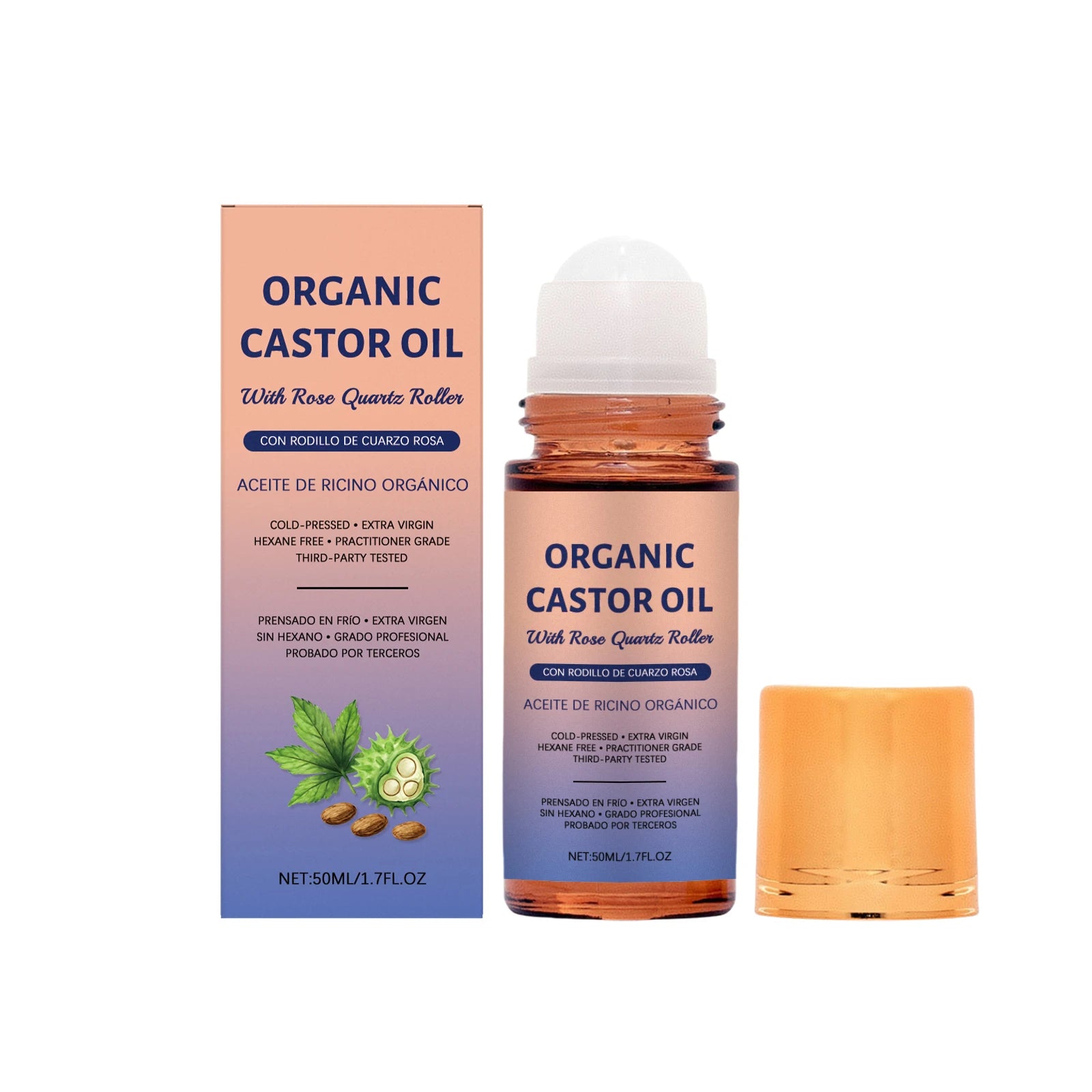 Organic castor oil roll-on bottle with amber glass, white cap, and blue box